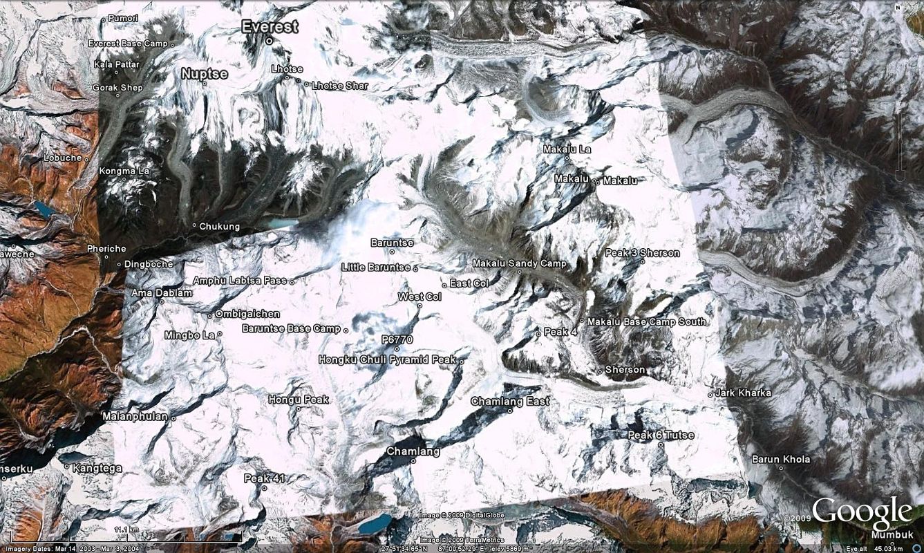 0 2 Google Earth Image Of Makalu Trek From Mumbuk To Makalu Base Camp South, Makalu Sandy Camp, East Col, and West Col